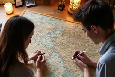 古地図を広げ、コンパスと定規を使う人々